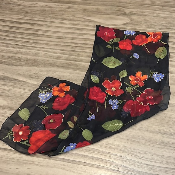 90’s LAURA ASHLEY VTG SILK SCARF BLACK RED BLUE - Picture 1 of 8